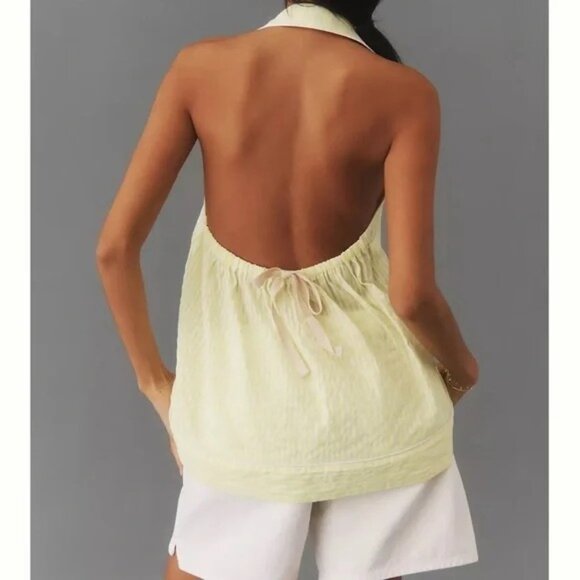 By Anthropologie Women's Yellow stripe Button-Front Halter Swing Blouse large - Picture 4 of 8